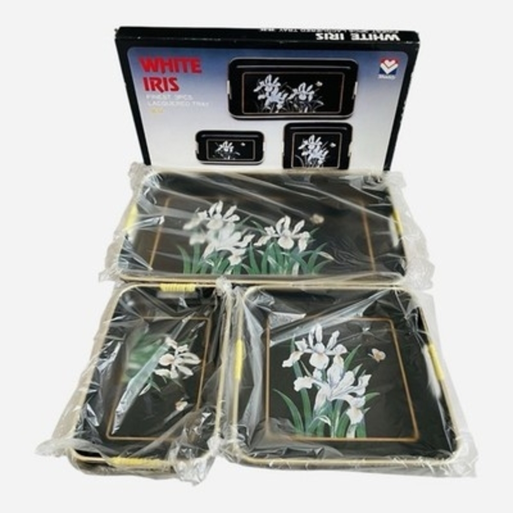 Vintage Shaddy White Iris Lacquered Nesting Serving Trays Set 3pc Japan NIB